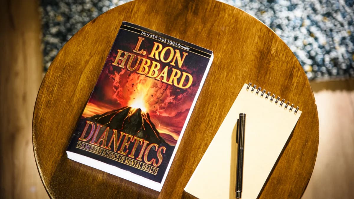 A paperback copy of L. Ron Hubbard's Dianetics lying on a round wooden table beside a spiral notepad and a pen.